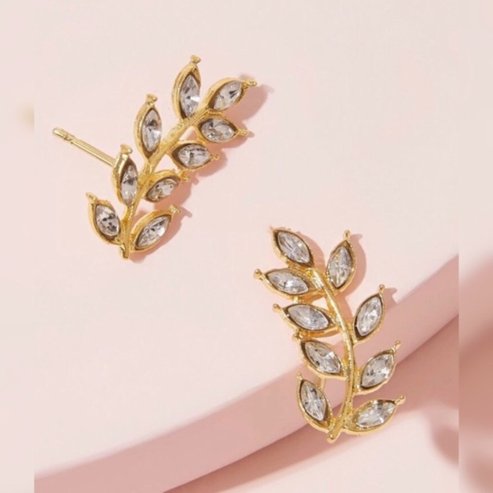 3/$30 NEW TRENDY CZ GOLDEN LEAVES STUD EARRINGS